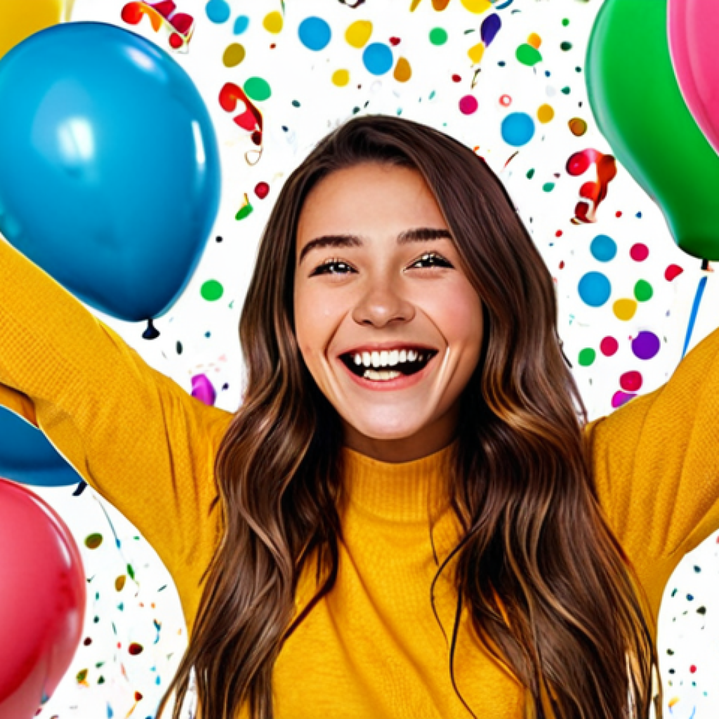 **Cheerful Personality**: Create an image of a vibrant and energetic young woman with a wide smile, surrounded by colorful balloons and confetti. She is engaging with her audience through a social media platform, radiating positivity and joy.