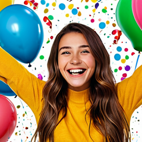 Home 7 **Cheerful Personality**: Create an image of a vibrant and energetic young woman with a wide smile, surrounded by colorful balloons and confetti. She is engaging with her audience through a social media platform, radiating positivity and joy.