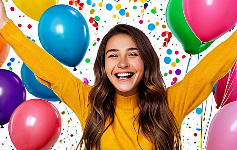**Cheerful Personality**: Create an image of a vibrant and energetic young woman with a wide smile, surrounded by colorful balloons and confetti. She is engaging with her audience through a social media platform, radiating positivity and joy.