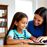 A parent, fully clothed in modest, comfortable attire, is sitting at a clean, modern table with two children (a boy and a girl, age 7-9). They are looking at an educational tablet application together, which displays vibrant, child-friendly graphics on edutainment content. The parent is pointing to the screen, engaging the children in conversation, while the children are actively participating, smiling. The background is a bright, tidy living room with bookshelves and educational toys visible. The scene emphasizes positive digital interaction, shared learning, and a supportive family environment. Perfect anatomy, correct proportions, natural pose, well-formed hands, proper finger count, natural body proportions, safe for work, appropriate content, fully clothed, family-friendly, high-quality, professional photography.