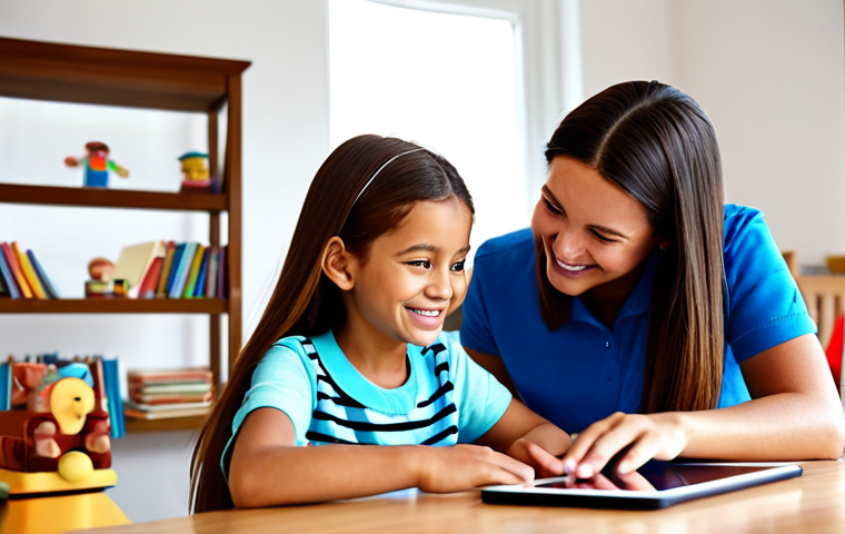 A parent, fully clothed in modest, comfortable attire, is sitting at a clean, modern table with two children (a boy and a girl, age 7-9). They are looking at an educational tablet application together, which displays vibrant, child-friendly graphics on edutainment content. The parent is pointing to the screen, engaging the children in conversation, while the children are actively participating, smiling. The background is a bright, tidy living room with bookshelves and educational toys visible. The scene emphasizes positive digital interaction, shared learning, and a supportive family environment. Perfect anatomy, correct proportions, natural pose, well-formed hands, proper finger count, natural body proportions, safe for work, appropriate content, fully clothed, family-friendly, high-quality, professional photography.