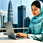 **

"A professional Malay woman wearing a modest baju kurung, working on a laptop at a desk in a modern Kuala Lumpur office with Petronas Twin Towers visible in the background, fully clothed, appropriate attire, safe for work, perfect anatomy, natural proportions, professional photography, high quality, family-friendly."

**