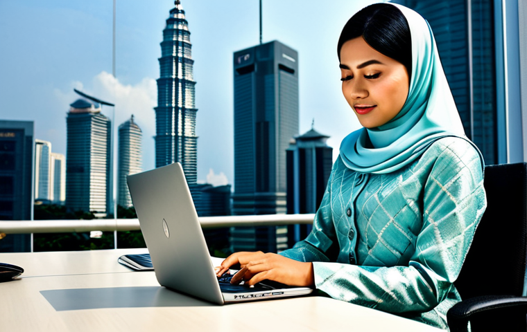 **

"A professional Malay woman wearing a modest baju kurung, working on a laptop at a desk in a modern Kuala Lumpur office with Petronas Twin Towers visible in the background, fully clothed, appropriate attire, safe for work, perfect anatomy, natural proportions, professional photography, high quality, family-friendly."

**